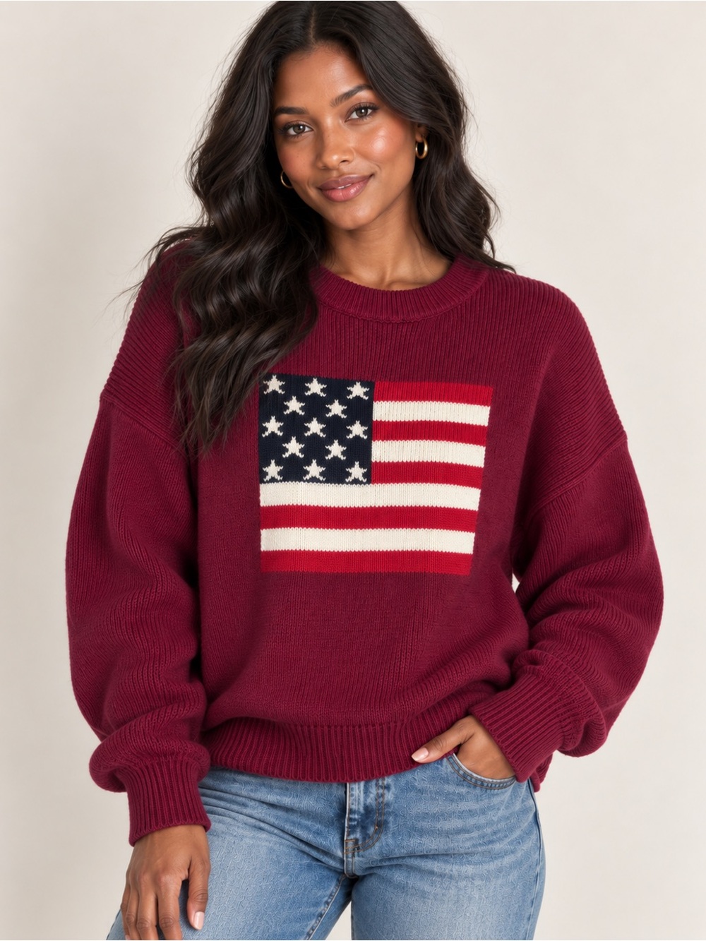 Zenana American Flag Knit Sweater – Cabernet 🇺🇸